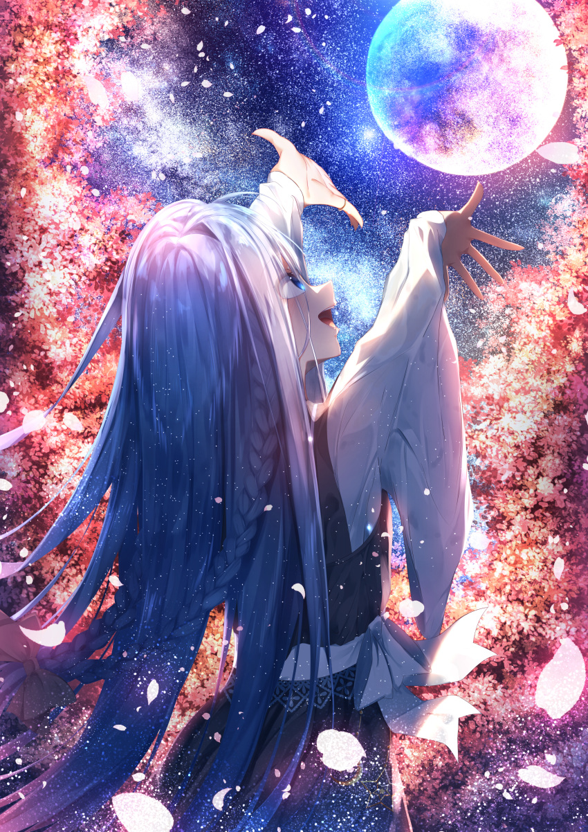 1girl :d absurdres arms_up black_dress blue_eyes blush bow braid commentary_request crescent dress from_behind full_moon hair_bow highres long_hair long_sleeves looking_away looking_up moon night night_sky open_mouth original outdoors petals red_bow silver_hair sky sleeves_past_wrists smile solo star star_(sky) starry_sky suisen-21 upper_teeth very_long_hair wide_sleeves