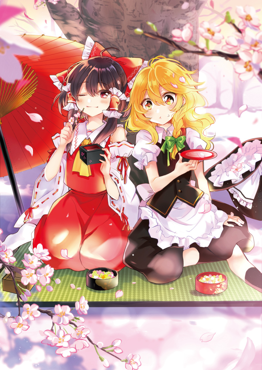 2girls ;) ahoge alcohol apron ascot bangs bare_shoulders black_hair black_headwear black_legwear black_skirt black_vest blonde_hair blurry_foreground bow braid cherry_blossoms commentary_request cup detached_sleeves eyebrows_visible_through_hair feet_out_of_frame frilled_apron frilled_bow frills green_bow hair_between_eyes hair_bow hair_tubes hakurei_reimu hands_up hat hat_bow hat_removed headwear_removed highres holding holding_cup kirisame_marisa long_hair masu multiple_girls nontraditional_miko one_eye_closed oriental_umbrella outdoors petals poprication puffy_short_sleeves puffy_sleeves red_bow red_eyes red_shirt red_skirt ribbon-trimmed_sleeves ribbon_trim sakazuki sake seiza shirt short_hair_with_long_locks short_sleeves sid side_braid sidelocks single_braid sitting skirt skirt_set sleeveless sleeveless_shirt smile tatami touhou tree umbrella vest waist_apron white_apron witch_hat yellow_eyes yellow_neckwear