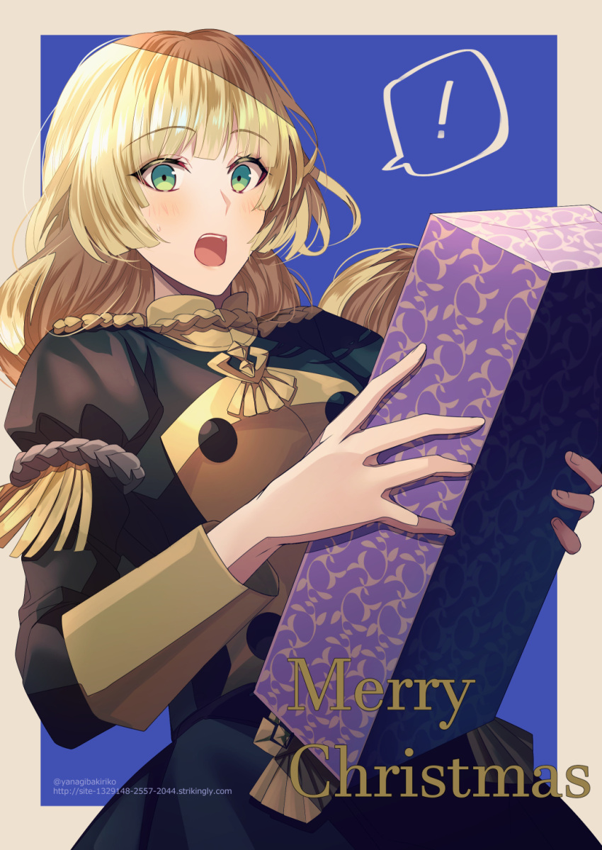 1girl ? blonde_hair blue_background box fire_emblem fire_emblem:_three_houses garreg_mach_monastery_uniform gift gift_box green_eyes highres holding ingrid_brandl_galatea long_hair long_sleeves merry_christmas open_mouth simple_background solo spoken_question_mark twitter_username uniform upper_body watermark web_address yanagiba_kiriko