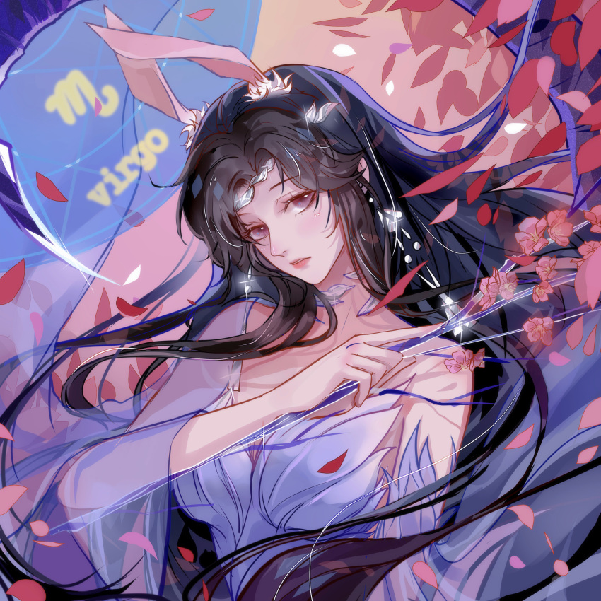 1girl absurdres animal_ears black_hair douluo_dalu dress earrings flower highres jewelry long_hair pink_background rabbit_ears see-through_sleeves weibo_id weibo_logo white_dress xiao_wu_(douluo_dalu)