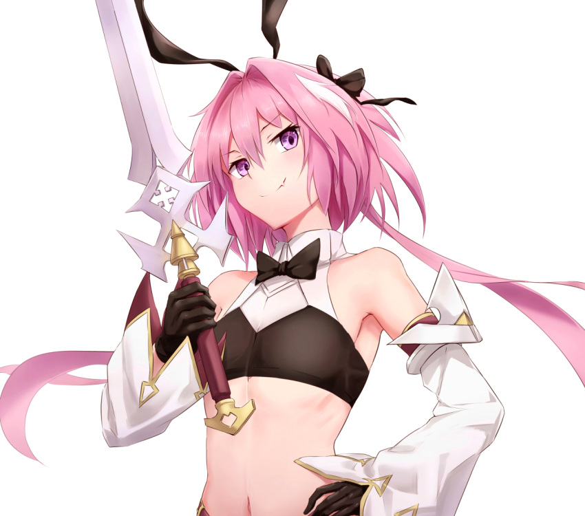 1boy astolfo_(fate) astolfo_(saber)_(fate) black_bow black_gloves black_hairband bow closed_mouth detached_sleeves eyebrows_visible_through_hair fang fate/grand_order fate_(series) gloves hair_between_eyes hair_bow hairband hand_on_hip holding holding_sword holding_weapon long_hair low_twintails male_focus midriff navel otoko_no_ko pink_hair sakaokasan simple_background smile solo sword twintails violet_eyes weapon white_background