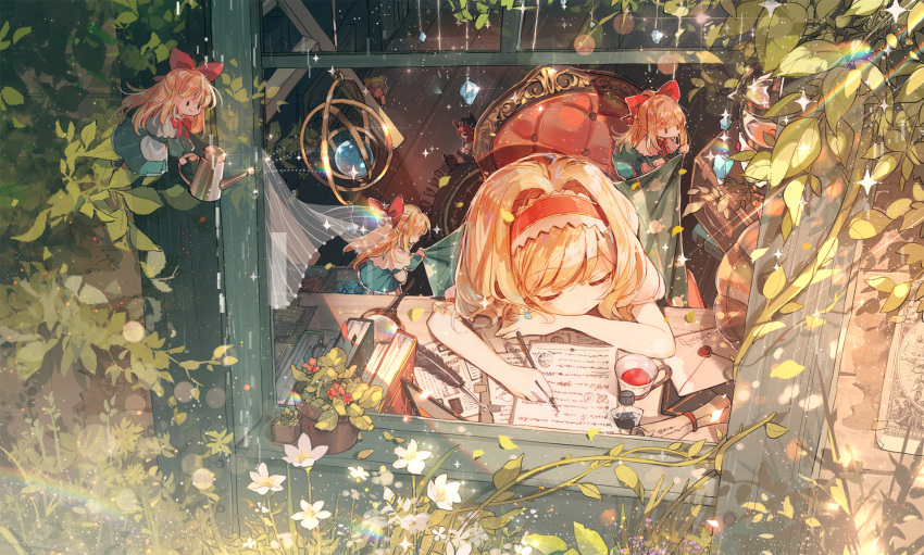 1girl alice_margatroid blanket blonde_hair blue_dress capelet chair closed_eyes covering_with_blanket doll dress feathers flower hairband highres ink open_window pen plant puffy_short_sleeves puffy_sleeves rokusai shanghai_doll short_sleeves sleeping tea touhou vines window