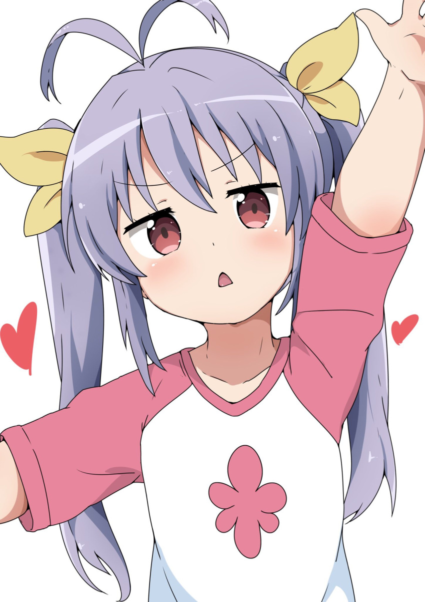 1girl antenna_hair blush eyebrows_visible_through_hair hair_between_eyes hair_ribbon heart highres long_hair looking_at_viewer miyauchi_renge non_non_biyori open_mouth outstretched_arms purple_hair red_eyes ribbon riyo_(aokiwazumi) shirt short_sleeves sidelocks simple_background solo triangle_mouth twintails v-neck very_long_hair white_background yellow_ribbon