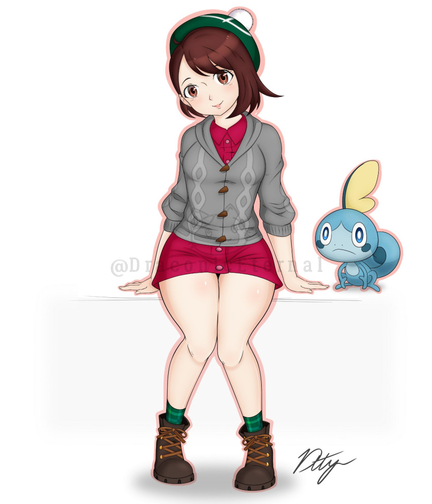 1girl ankle_socks bangs bare_legs bare_thighs beret blush boots breasts brown_eyes brown_hair cardigan clothes draconety dress eyebrows_visible_through_hair hat highres knees_together_feet_apart lips looking_at_viewer nintendo nintendo_switch pokemon pokemon_(creature) pokemon_(game) pokemon_swsh short_hair signature simple_background sitting small_breasts smile sobble socks solo sweater swept_bangs thick_thighs thighs watermark white_background yuuri_(pokemon)