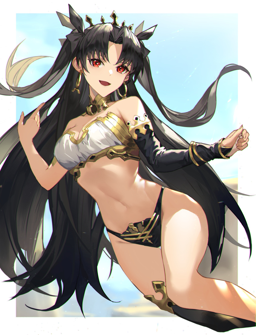 1girl absurdres armlet asymmetrical_sleeves bangs detached_sleeves earrings fate/grand_order fate_(series) hair_ornament highres hoop_earrings ishtar_(fate) jewelry koharu1807 long_hair neck_ring red_eyes single_detached_sleeve single_thighhigh solo thigh-highs tiara two_side_up uneven_sleeves