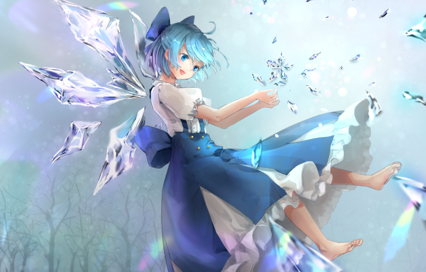 1girl :d ahoge bangs bare_tree barefoot blue_bow blue_eyes blue_hair blue_skirt blush bow cirno commentary_request eyebrows_visible_through_hair floating hair_bow head_tilt ice ice_wings open_mouth petticoat puffy_short_sleeves puffy_sleeves revision shironeko_yuuki shirt short_hair short_sleeves skirt smile solo suspender_skirt suspenders touhou tree white_shirt wings