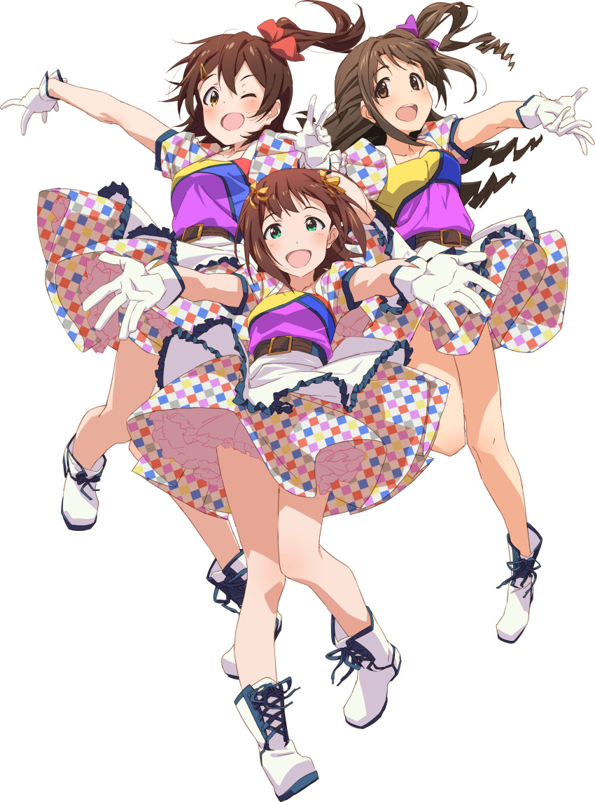 3girls absurdres amami_haruka artist_request belt boots brown_eyes brown_hair checkered checkered_skirt commentary_request frilled_skirt frills gloves green_eyes hair_ornament hair_ribbon hairclip half_updo highres idolmaster idolmaster_million_live! kasuga_mirai layered_skirt long_hair looking_at_viewer medium_hair multiple_girls one_eye_closed one_side_up open_mouth puffy_short_sleeves puffy_sleeves ribbon shimamura_uzuki short_hair short_sleeves side_ponytail skirt white_background white_footwear white_gloves yellow_eyes yellow_ribbon