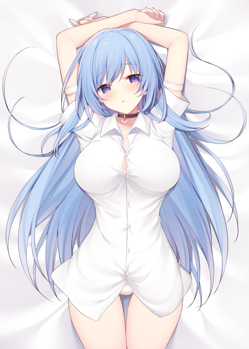 1girl :o absurdres arm_strap arms_up bangs blue_eyes blue_hair blush breasts choker collarbone commentary_request cowboy_shot emori_miku emori_miku_project eyebrows_visible_through_hair from_above heart heart_choker highres large_breasts long_hair looking_at_viewer lying miko_92 on_back panties shirt solo underwear very_long_hair white_panties white_shirt