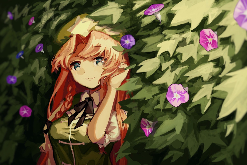 1girl :3 blue_eyes braid flower hat hong_meiling long_hair morning_glory plant redhead ribbon smile touhou washman711