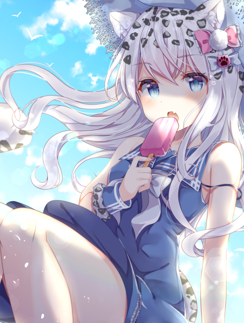 1girl animal_ears animal_print bare_shoulders blue_dress blue_eyes commentary dress fang food gomano_rio hair_ornament highres holding holding_food lens_flare leopard_print looking_at_viewer original popsicle sky sleeveless solo strap_slip white_hair wrist_cuffs