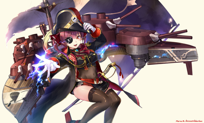 1girl aiguillette akasaai arrow_through_heart bangs black_coat black_headwear black_legwear black_skirt blush bodysuit breasts brooch commentary covered_navel cravat crop_top electricity epaulettes eyepatch feet_out_of_frame fringe_trim gloves hand_on_headwear hat highres hololive houshou_marine jewelry large_breasts medium_hair miniskirt open_mouth outstretched_hand pirate_hat pirate_ship pleated_skirt red_eyes redhead ship simple_background skirt smile solo sword thigh-highs thighs twintails virtual_youtuber watercraft weapon white_background white_gloves