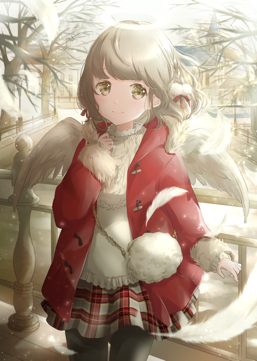 1girl absurdres angel angel_wings bag bangs bare_tree black_legwear boat braid bridge brown_eyes church coat commentary_request cowboy_shot day feathered_wings feathers fur-trimmed_coat fur_trim halo hand_on_own_chest handbag highres hoshiibara_mato lamppost light_brown_hair looking_at_viewer miniskirt original outdoors pantyhose plaid plaid_skirt railing red_coat river short_hair skirt smile snowing solo standing sweater tree watercraft white_sweater wings winter_clothes winter_coat