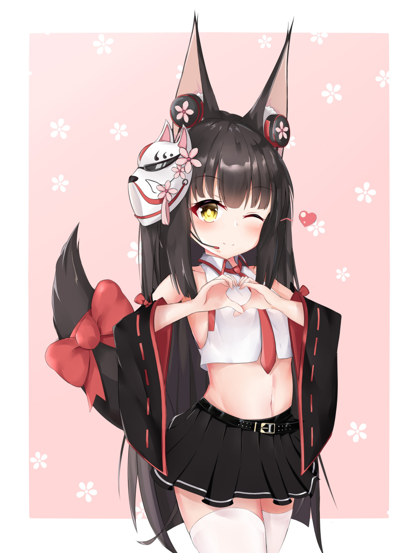 1girl ;) absurdres animal_ear_fluff animal_ears azur_lane bangs bare_shoulders belt belt_buckle black_belt black_hair black_skirt black_sleeves blush bow breasts buckle closed_mouth collarbone collared_shirt crop_top detached_sleeves eyebrows_visible_through_hair floral_background flower fox_ears fox_girl fox_mask fox_tail headset heart heart_hands highres long_hair long_sleeves mask mask_on_head midriff nagato-chan nagato_(azur_lane) navel necktie one_eye_closed pink_background pink_flower pleated_skirt red_bow red_neckwear ribbon-trimmed_sleeves ribbon_trim shirt skirt sleeveless sleeveless_shirt small_breasts smile solo sunglasses tail tail_bow tail_raised thigh-highs two-tone_background very_long_hair white_background white_legwear white_shirt wide_sleeves yellow_eyes