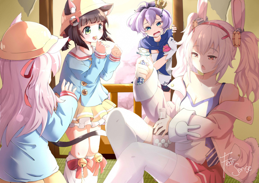 4girls :&lt; absurdres animal_ear_fluff animal_ears artist_name azur_lane bangs breasts brown_hair candy cat_ears cherry_blossoms coca-cola cola crown day english_commentary eyebrows_visible_through_hair fear_sense food gloves green_eyes hat highres indoors jacket javelin_(azur_lane) kindergarten_uniform kisaragi_(azur_lane) laffey_(azur_lane) lavender_hair lollipop long_hair long_sleeves medium_hair mentos mini_crown multiple_girls mutsuki_(azur_lane) off_shoulder open_clothes open_jacket open_mouth petticoat pink_hair pink_jacket pleated_skirt purple_hair red_eyes red_skirt sailor_collar school_hat short_hair shouji sidelocks signature single_glove skirt sliding_doors small_breasts strap_slip tatami thigh-highs twintails white_gloves white_legwear yellow_skirt