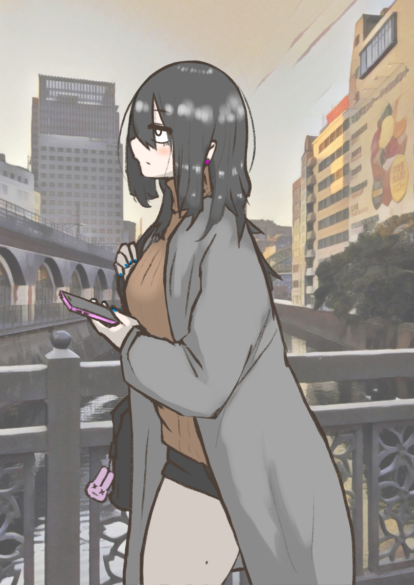absurdres akihabara_(tokyo) bag black_hair black_skirt breasts brown_sweater cellphone cocoa_fuumi ear_piercing eyebrows_visible_through_hair from_side grey_coat highres holding holding_phone large_breasts long_hair manseibashi original phone piercing rinko-san_(cocoa_fuumi) sanpaku skirt smartphone sweater turtleneck turtleneck_sweater