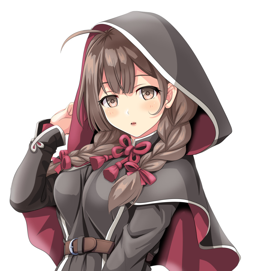 1girl ahoge belt black_capelet black_dress blush braid brown_belt brown_eyes brown_hair capelet commentary_request dress hair_ribbon highres hood hooded_capelet kantai_collection long_hair long_sleeves parted_lips red_ribbon ribbon shinshuu_maru_(kantai_collection) simple_background solo tk8d32 twin_braids upper_body white_background