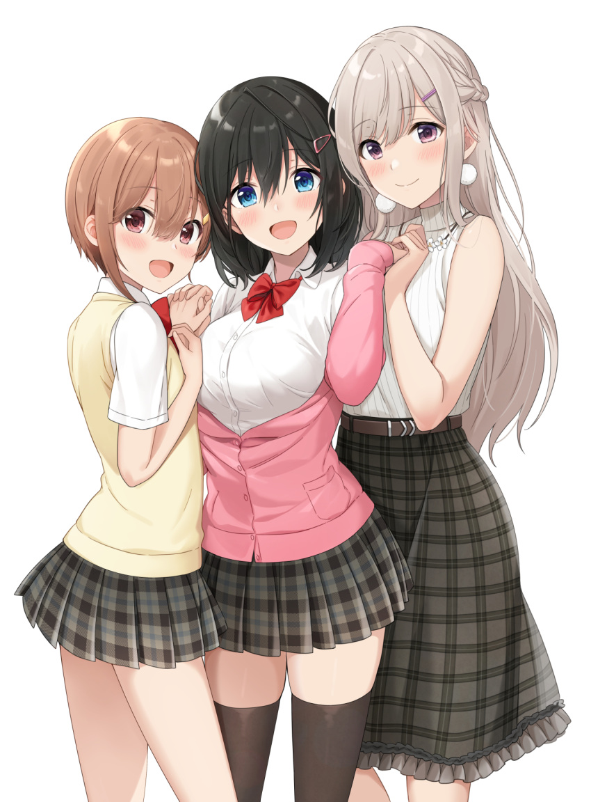 3girls azuki_yui bangs black_hair black_legwear blue_eyes blush bow bowtie breasts brown_eyes brown_hair dress dress_shirt earrings eyebrows_visible_through_hair flat_chest flower hair_ornament hairpin highres holding_hands jacket jewelry large_breasts long_hair medium_hair miniskirt multiple_girls necklace open_mouth original pom_pom_(clothes) pom_pom_earrings red_neckwear sandwiched school_uniform shirt sidelocks simple_background skirt sleeveless smile sweater thigh-highs turtleneck turtleneck_sweater violet_eyes white_background white_shirt
