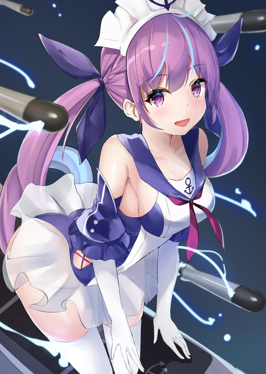 1girl absurdres ahoge azur_lane bangs bare_shoulders blue_sailor_collar blue_swimsuit breasts collarbone commentary_request crossover elbow_gloves eyebrows_visible_through_hair frilled_swimsuit frills gloves hair_ribbon highres hololive kurohikage large_breasts leaning_forward looking_at_viewer maid_headdress minato_aqua multicolored_hair neckerchief one-piece_swimsuit open_mouth purple_hair purple_neckwear purple_ribbon ribbon sailor_collar sideboob sidelocks smile solo streaked_hair swimsuit swimsuit_skirt torpedo twintails violet_eyes virtual_youtuber white_gloves