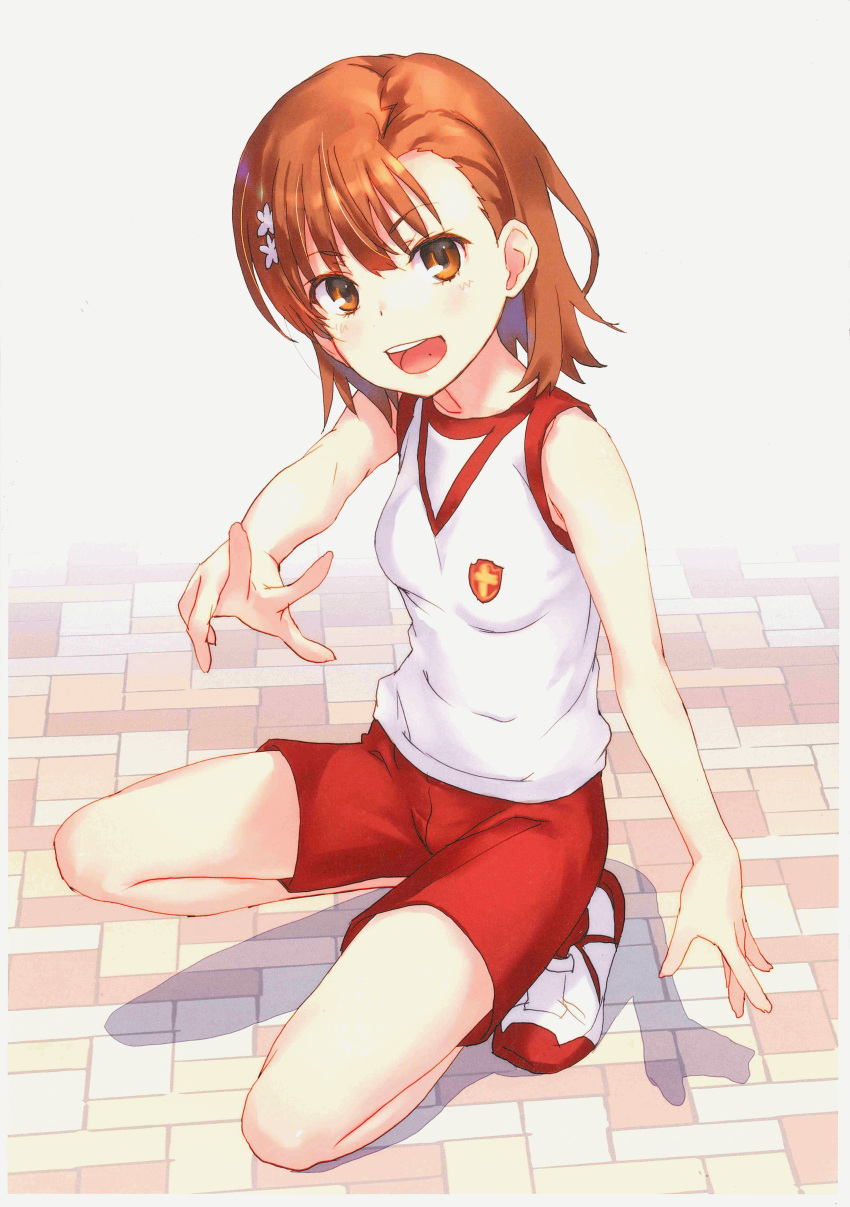 1girl :d absurdres bangs bare_arms bare_shoulders blush breasts brown_eyes brown_hair eyebrows_visible_through_hair flower full_body hair_flower hair_ornament highres looking_at_viewer misaka_mikoto open_mouth raika9 round_teeth shirt shoes short_shorts shorts sleeveless sleeveless_shirt small_breasts smile solo sportswear squatting teeth to_aru_kagaku_no_railgun to_aru_majutsu_no_index twitter_username upper_teeth v-shaped_eyebrows white_background white_flower white_footwear white_shirt white_shorts