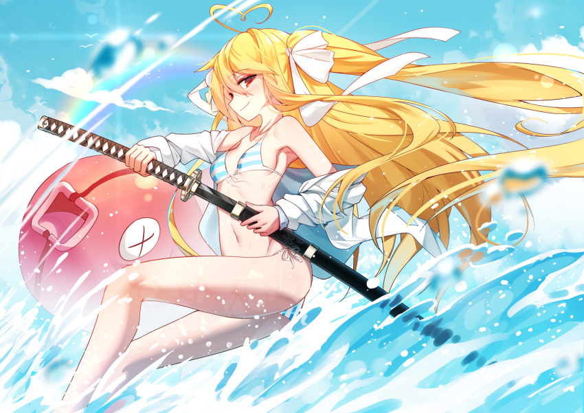 1girl animal bai_yemeng bangs bare_shoulders bikini blonde_hair blue_sky blurry blurry_foreground blush breasts closed_mouth clouds collarbone commentary_request day depth_of_field eyebrows_visible_through_hair fish floating_hair hair_between_eyes hair_ribbon holding holding_sheath holding_sword holding_weapon jacket katana long_hair off_shoulder open_clothes open_jacket original outdoors red_eyes ribbon sheath side-tie_bikini sky small_breasts smile solo striped striped_bikini swimsuit sword tokisaki_asaba two_side_up unsheathing very_long_hair water weapon white_jacket white_ribbon x_x