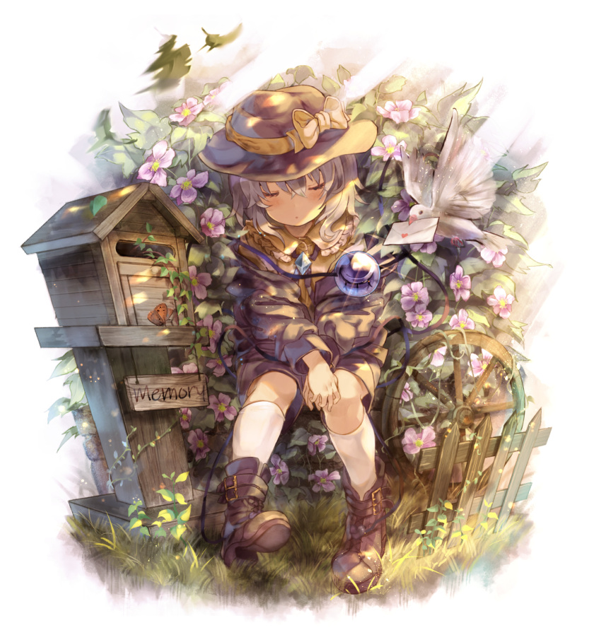 1girl :o adapted_costume ankle_boots aqua_hair belt_boots bird blouse boots brown_footwear brown_headwear bug butterfly closed_eyes commentary_request dappled_sunlight dove english_text fence flower flower_request glint grass hair_between_eyes hands_together hat hat_ribbon insect kneehighs komeiji_koishi light_rays love_letter off-shoulder_jacket picket_fence plant postbox_(outgoing_mail) ribbon sekisei_(superego51) short_sleeves shorts sitting solo sunbeam sunlight third_eye touhou vines wheel white_background white_legwear wooden_fence yellow_blouse