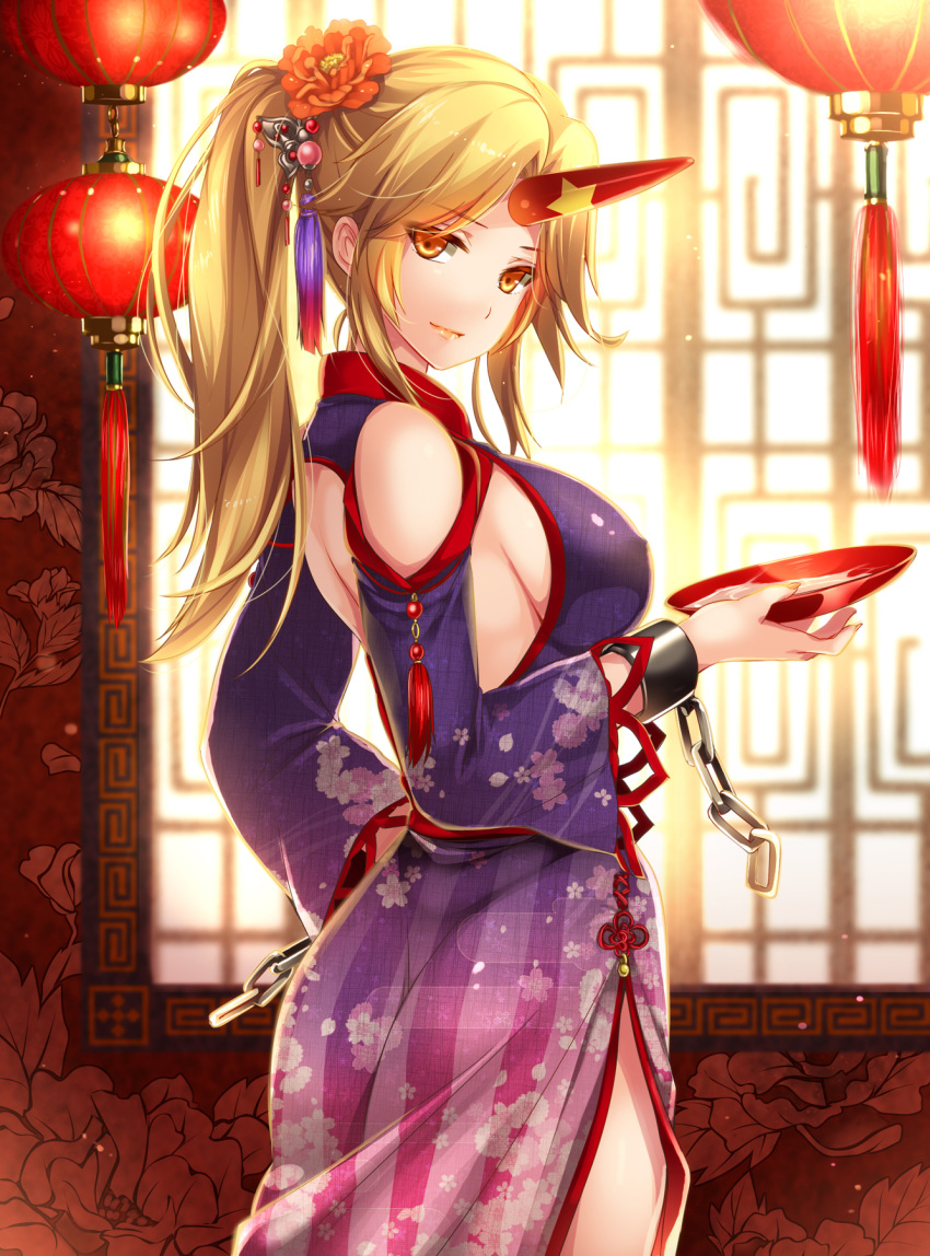 1girl alternate_costume alternate_hairstyle back_cutout bangs bare_shoulders blonde_hair breasts brown_eyes camellia chain character_name chinese_clothes cowboy_shot cuffs cup drink floral_print flower from_side hair_flower hair_ornament hand_on_hip highres holding horn hoshiguma_yuugi indoors lantern large_breasts lattice light_smile lips long_hair long_sleeves looking_at_viewer looking_back meandros moneti_(daifuku) paper_lantern parted_bangs ponytail sakazuki shoulder_cutout side_slit sideboob smile solo star striped tassel touhou vertical_stripes wide_sleeves