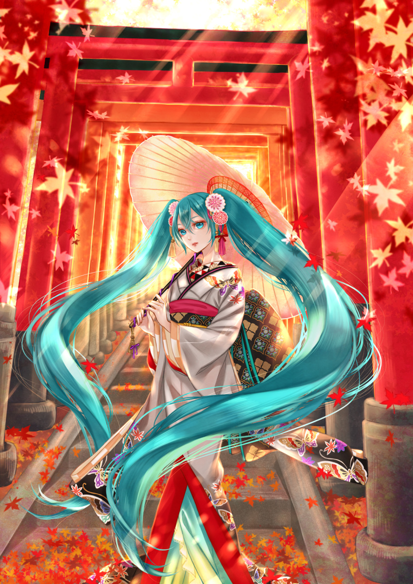 1girl aqua_eyes aqua_hair autumn_leaves floral_print flower hair_flower hair_ornament hatsune_miku highres japanese_clothes kimono leaf long_hair maple_leaf obi oriental_umbrella print_kimono sash sawori_(katherine9) twintails umbrella very_long_hair vocaloid white_kimono yukata