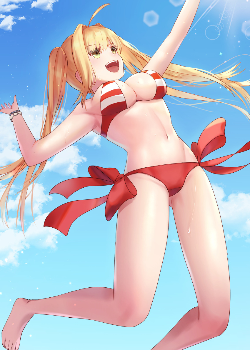 1girl absurdres ahoge bangs bare_shoulders bead_bracelet beads bikini blonde_hair blue_sky blush bracelet breasts criss-cross_halter dolce_(dolsuke) earrings fate/grand_order fate_(series) green_eyes hair_intakes halterneck highres jewelry large_breasts legs long_hair navel nero_claudius_(fate)_(all) nero_claudius_(swimsuit_caster)_(fate) open_mouth red_bikini side-tie_bikini sky smile striped striped_bikini swimsuit twintails