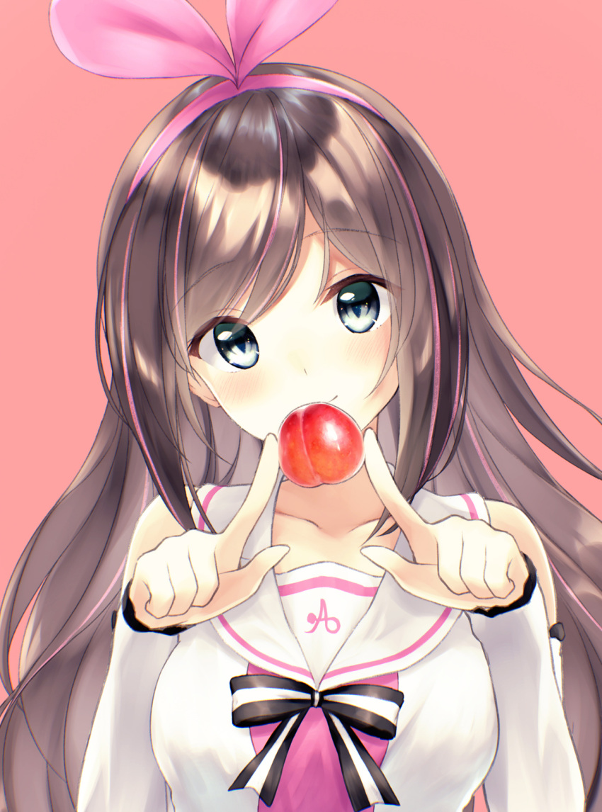 1girl a.i._channel bangs bare_shoulders black_bow blue_eyes blush bow breasts brown_background brown_hair closed_mouth detached_sleeves eyebrows_visible_through_hair food_request hairband hands_up highres kizuna_ai long_hair long_sleeves looking_at_viewer medium_breasts multicolored_hair pink_hair pink_hairband rupe_paperu shirt simple_background sleeveless sleeveless_shirt smile solo streaked_hair striped striped_bow upper_body virtual_youtuber white_shirt white_sleeves