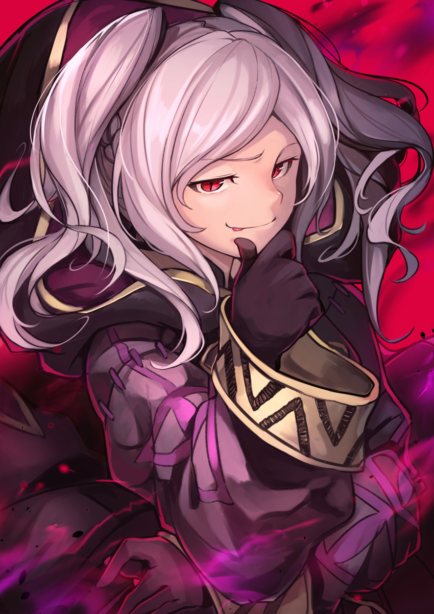 1girl :p aura closed_mouth dark_aura fire_emblem fire_emblem_awakening fire_emblem_heroes gloves grima_(fire_emblem) highres hood long_sleeves nakabayashi_zun red_eyes robin_(fire_emblem) robin_(fire_emblem)_(female) smile solo tongue tongue_out twintails upper_body white_hair