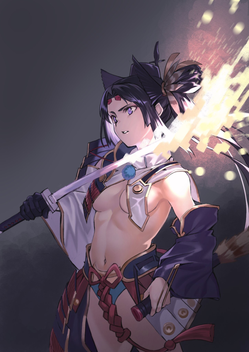 1girl black_hair blue_eyes blue_panties breasts detached_sleeves fate/grand_order fate_(series) glowing glowing_weapon highres katana long_hair navel panties sheath side_ponytail sword underwear user_hysd4435 ushiwakamaru_(fate/grand_order) weapon