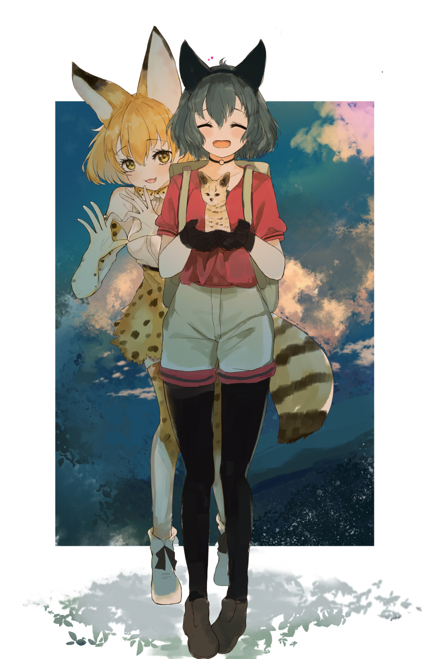 2girls :3 absurdres animal animal_ears bare_shoulders black_gloves black_hair black_legwear blonde_hair cat choker closed_eyes dnsdltkfkd elbow_gloves eyebrows_visible_through_hair fake_animal_ears fang full_body gloves heart heart_hands high-waist_skirt highres holding holding_animal kaban_(kemono_friends) kemono_friends kitten multiple_girls open_mouth pantyhose print_gloves print_legwear print_skirt red_shirt serval serval_(kemono_friends) serval_ears serval_girl serval_print serval_tail shirt short_hair short_sleeves shorts skirt sleeveless t-shirt tail thigh-highs white_shirt zettai_ryouiki