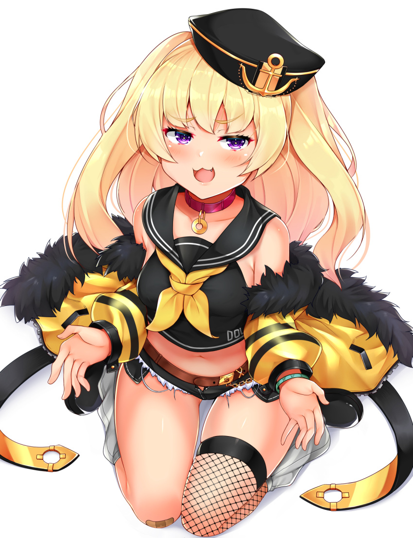 1girl :3 :d anchor_symbol azur_lane bache_(azur_lane) bangs bare_shoulders black_footwear black_headwear black_shirt blonde_hair blush choker collarbone commentary_request crop_top cutoffs eyebrows_visible_through_hair fang fishnet_legwear fishnets fur-trimmed_jacket fur_trim grey_legwear highres jacket long_sleeves loose_socks micro_shorts midriff navel neckerchief off_shoulder open_mouth red_choker sailor_collar sailor_shirt seiza shirt shoes shorts simple_background single_thighhigh sitting sleeveless sleeveless_shirt smile solo thigh-highs thighs tokoya_(ex-hetare) two_side_up violet_eyes white_background yellow_jacket yellow_neckwear