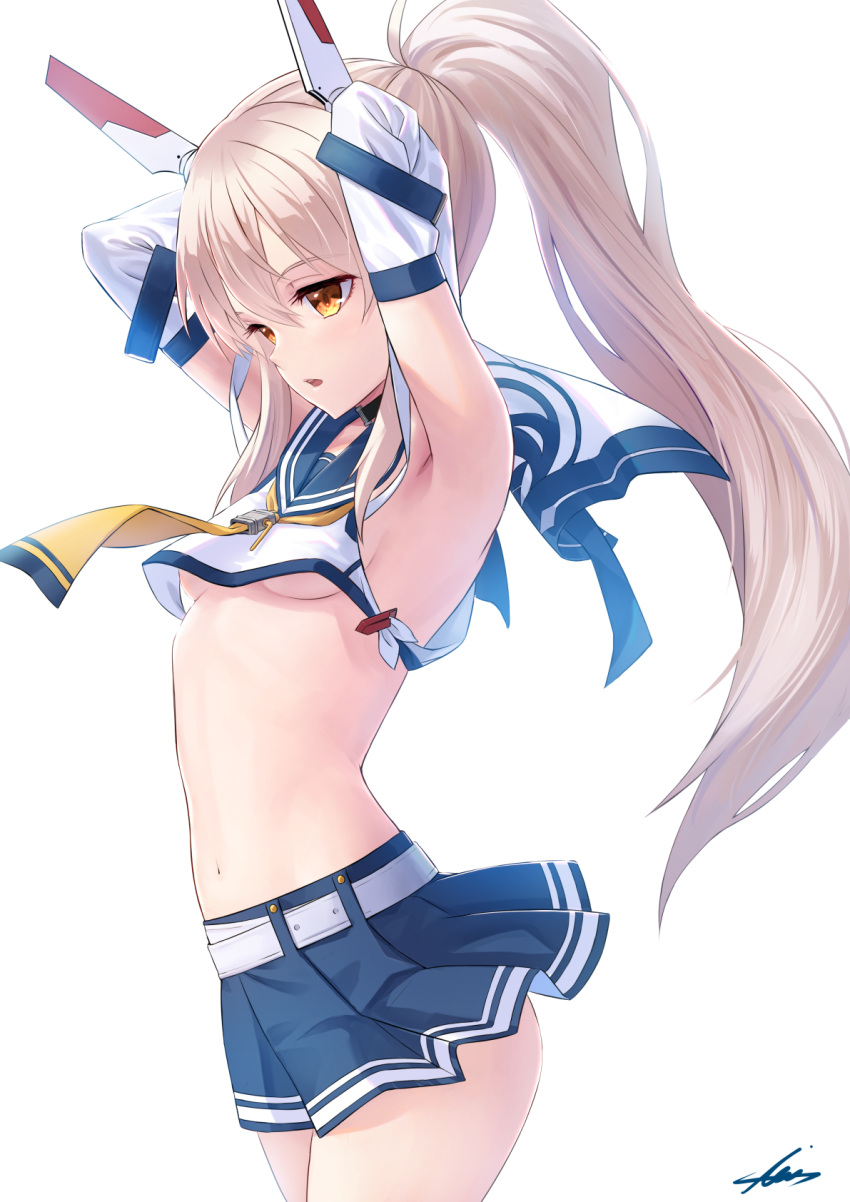 1girl armpits arms_behind_head ass ayanami_(azur_lane) azur_lane bangs belt blue_sailor_collar blue_skirt breasts crop_top crop_top_overhang detached_sleeves from_side headgear highres long_hair long_ponytail long_sleeves looking_to_the_side medium_breasts midriff navel neckerchief open_mouth platinum_blonde_hair pleated_skirt ponytail retrofit_(azur_lane) sailor_collar shirt sidelocks signature simple_background sion_(9117) skirt solo standing tied_shirt under_boob white_background white_belt wide_sleeves yellow_eyes yellow_neckwear