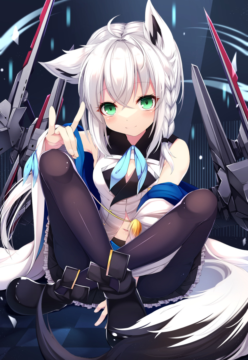 1girl ahoge animal_ears armpits azur_lane bare_shoulders black_footwear black_legwear braid breasts checkered checkered_floor closed_mouth commentary_request fox_ears fox_girl fox_shadow_puppet fox_tail green_eyes highres hololive long_hair looking_at_viewer machinery navel neck_ribbon nya_rl off_shoulder on_floor pantyhose ribbon shirakami_fubuki shirt shoes sitting sleeveless sleeveless_shirt small_breasts smile solo tail virtual_youtuber white_coat white_hair white_shirt wide_sleeves wing_collar