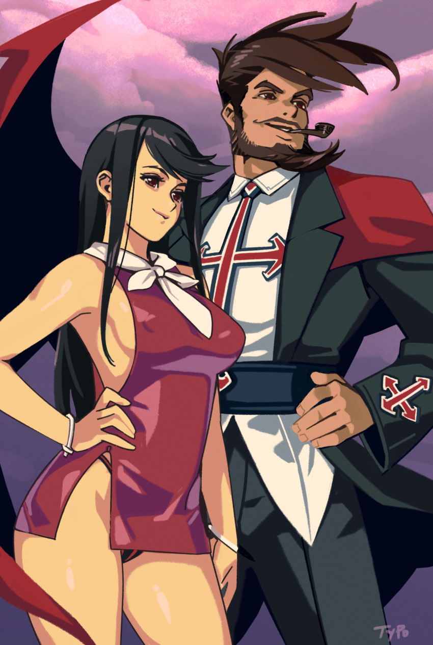 1boy 1girl absurdres bangle bangs beard black_hair bracelet breasts brown_hair commentary couple covered_nipples dress english_commentary facial_hair fringe_trim guilty_gear guilty_gear_xrd hand_on_hip height_difference highres husband_and_wife jewelry long_hair looking_afar medium_breasts microdress mustache no_bra optionaltypo panties pantyshot pantyshot_(standing) pink_sky pipe red_dress red_eyes red_panties sharon_(guilty_gear) side_slit sideboob sideburns single_wing slayer_(guilty_gear) standing swept_bangs thick_eyebrows underwear wings