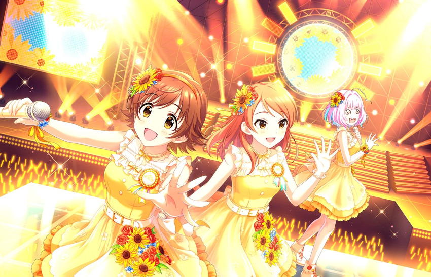 3girls blush brown_eyes brown_hair character_request dress flower glowstick holding_microphone honda_mio houjou_karen idolmaster_cinderella_girls_starlight_stage microphone official_art open_mouth short_hair smile stage stage_lights