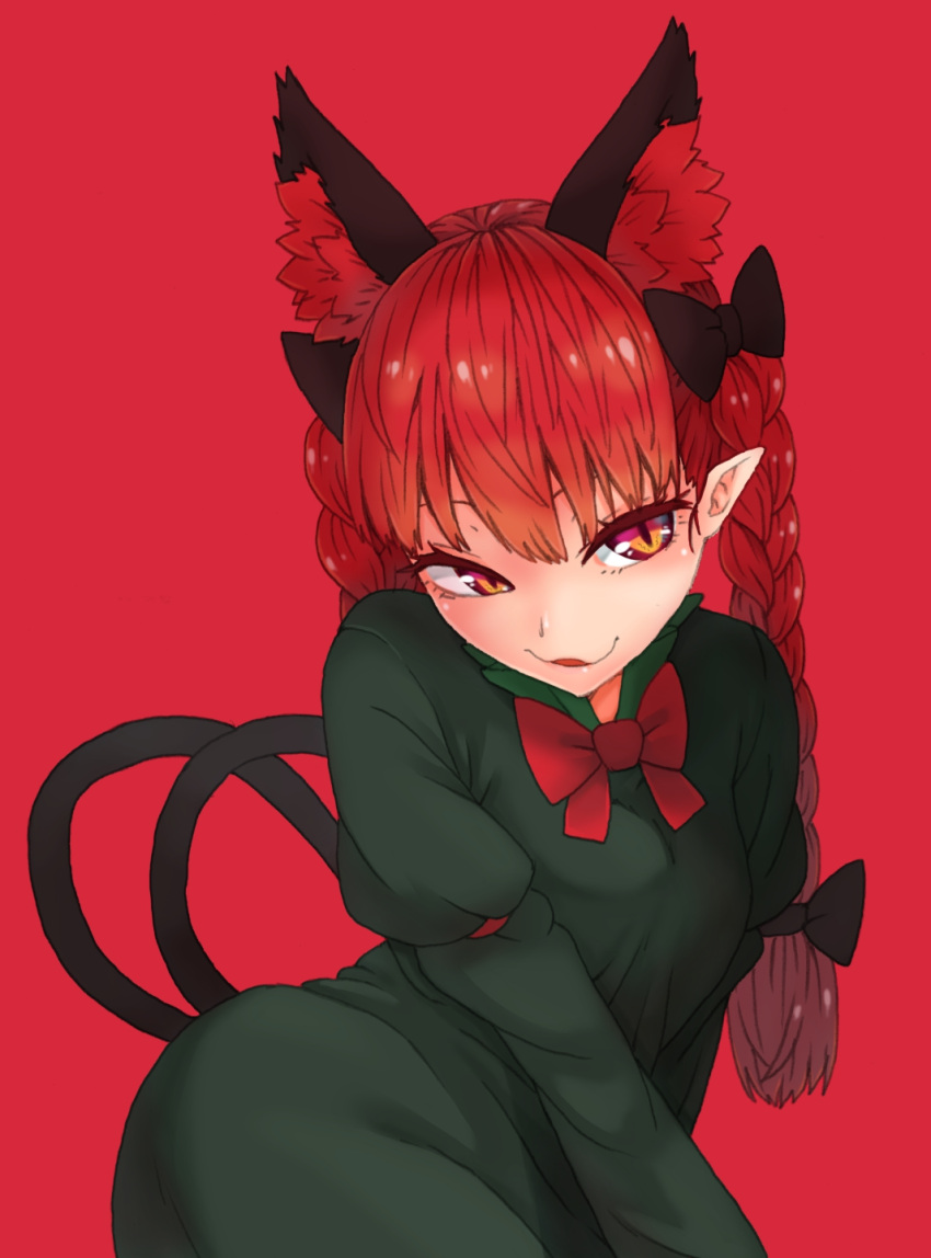 1girl :3 animal_ear_fluff animal_ears arm_garter bangs black_bow blush bow bowtie braid breasts cat_ears cat_tail check_commentary closed_mouth collared_dress commentary_request dress green_dress hair_bow highres juliet_sleeves kaenbyou_rin ke-su licking_lips long_hair long_sleeves looking_away multicolored multicolored_eyes multiple_tails naughty_face orange_eyes pointy_ears puffy_sleeves red_background red_bow red_eyes redhead simple_background slit_pupils small_breasts solo tail tongue tongue_out touhou twin_braids two_tails