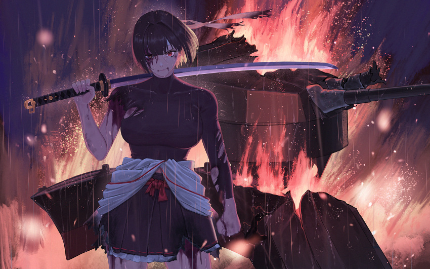 1girl bangs blood blood_from_mouth breasts brown_hair burning clenched_hand clothes_around_waist fire headband highres holding holding_sword holding_weapon hyuuga_(kantai_collection) kantai_collection katana light_smile looking_at_viewer over_shoulder pleated_skirt rain red_eyes short_hair skirt smile solo sword torn_clothes turret weapon weapon_over_shoulder yue_(tada_no_saboten)