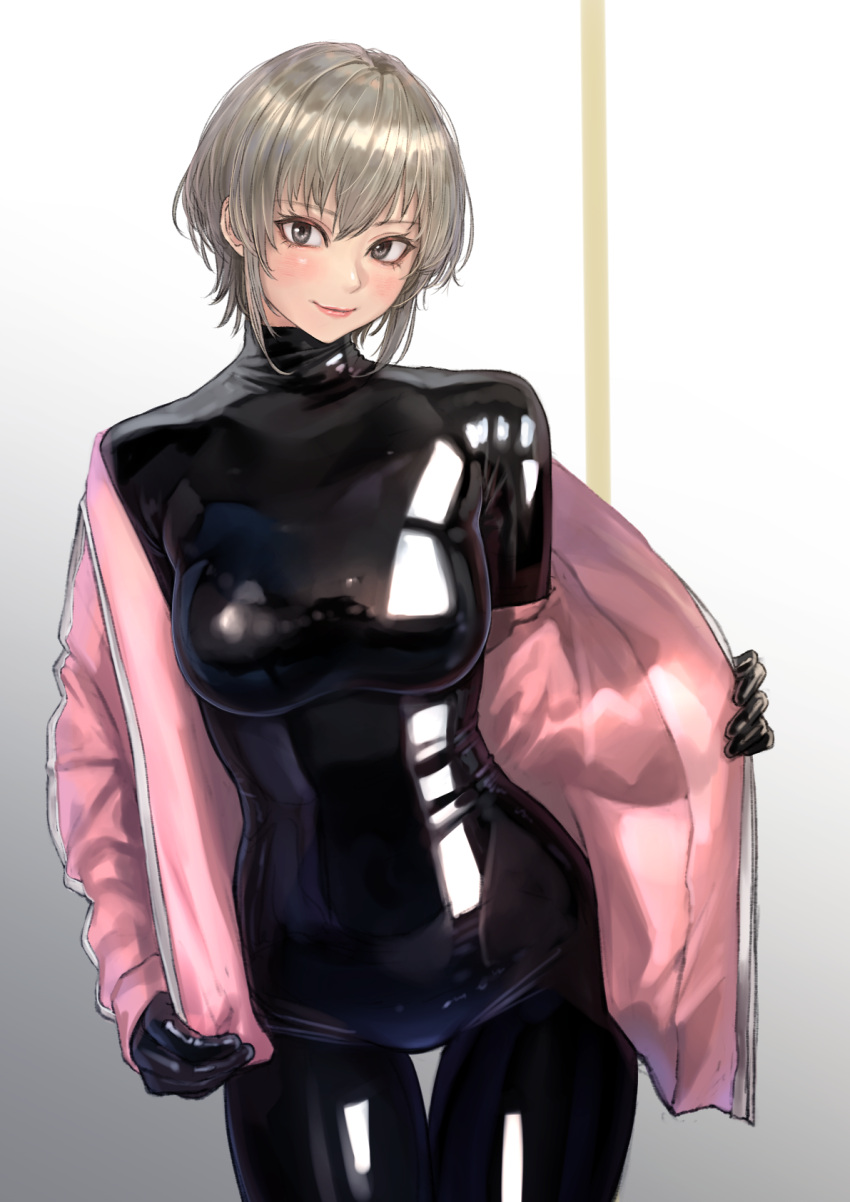 1girl bangs blush bodysuit bodysuit_under_clothes breasts brown_eyes eyebrows_visible_through_hair gimp_suit highres kilye_4421 latex latex_bodysuit looking_at_viewer medium_breasts original short_hair silver_hair skin_tight smile solo