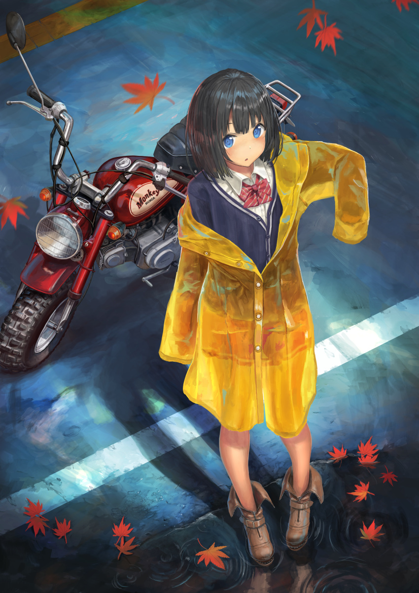 1girl absurdres autumn_leaves bangs black_hair blue_eyes blunt_bangs bow cardigan from_above ground_vehicle highres huge_filesize looking_at_viewer motor_vehicle motorcycle nihoshi_(bipedal_s) original outdoors puddle raincoat ripples short_hair solo