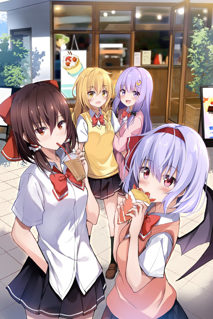4girls :d alternate_costume arm_hug bangs bat_wings black_bow black_legwear black_skirt blonde_hair blue_hair blush bow bowtie braid breasts brown_footwear brown_hair bubble_tea cardigan commentary_request contemporary cowboy_shot crepe crescent crescent_hair_ornament cup disposable_cup drinking drinking_straw eyebrows_visible_through_hair food hair_between_eyes hair_bow hair_ornament hair_tubes hairband hakurei_reimu hand_in_pocket hand_up hands_up highres holding holding_cup holding_food hyurasan kirisame_marisa loafers long_hair looking_at_viewer miniskirt multiple_girls no_hat no_headwear open_mouth outdoors patchouli_knowledge petticoat pink_cardigan pink_vest red_bow red_eyes red_hairband red_neckwear remilia_scarlet school_uniform shirt shoes short_hair short_sleeves sidelocks single_braid skirt skirt_set small_breasts smile socks standing sweater_vest touhou vest white_shirt wings yellow_eyes yellow_vest