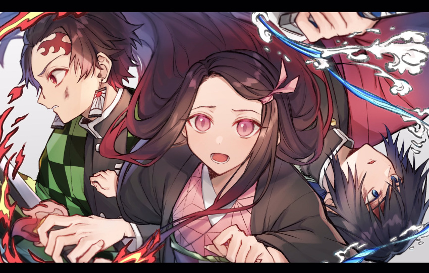 .com_(cu_105) 1girl 2boys black_hair black_jacket blue_eyes blush brown_hair checkered commentary_request earrings facial_scar forehead_scar gradient_hair highres holding holding_sword holding_weapon jacket japanese_clothes jewelry kamado_nezuko kamado_tanjirou katana kimetsu_no_yaiba kimono letterboxed long_hair long_sleeves looking_at_viewer looking_away multicolored_hair multiple_boys open_clothes open_mouth parted_lips pink_eyes pink_kimono profile red_eyes scar sword tomioka_giyuu very_long_hair weapon wide_sleeves