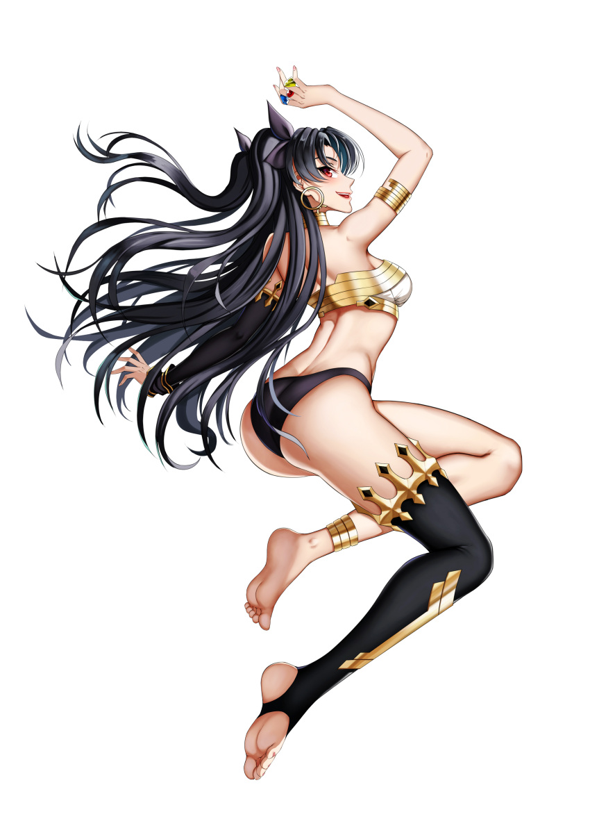 1girl absurdres anklet arched_back armlet ass asymmetrical_legwear asymmetrical_sleeves back bandeau bangs bare_shoulders barefoot between_fingers black_hair black_legwear black_ribbon black_sleeves crown earrings fate/grand_order fate_(series) from_behind full_body gem gold gold_trim hair_ribbon highres hoop_earrings ishtar_(fate/grand_order) jewelry jumping legs long_hair long_sleeves looking_at_viewer looking_back neck_ring parted_bangs pink_nails red_eyes ribbon single_sleeve single_thighhigh smile soles solo stirrup_legwear strapless thigh-highs toeless_legwear toes two_side_up very_long_hair white_background xiao_gen