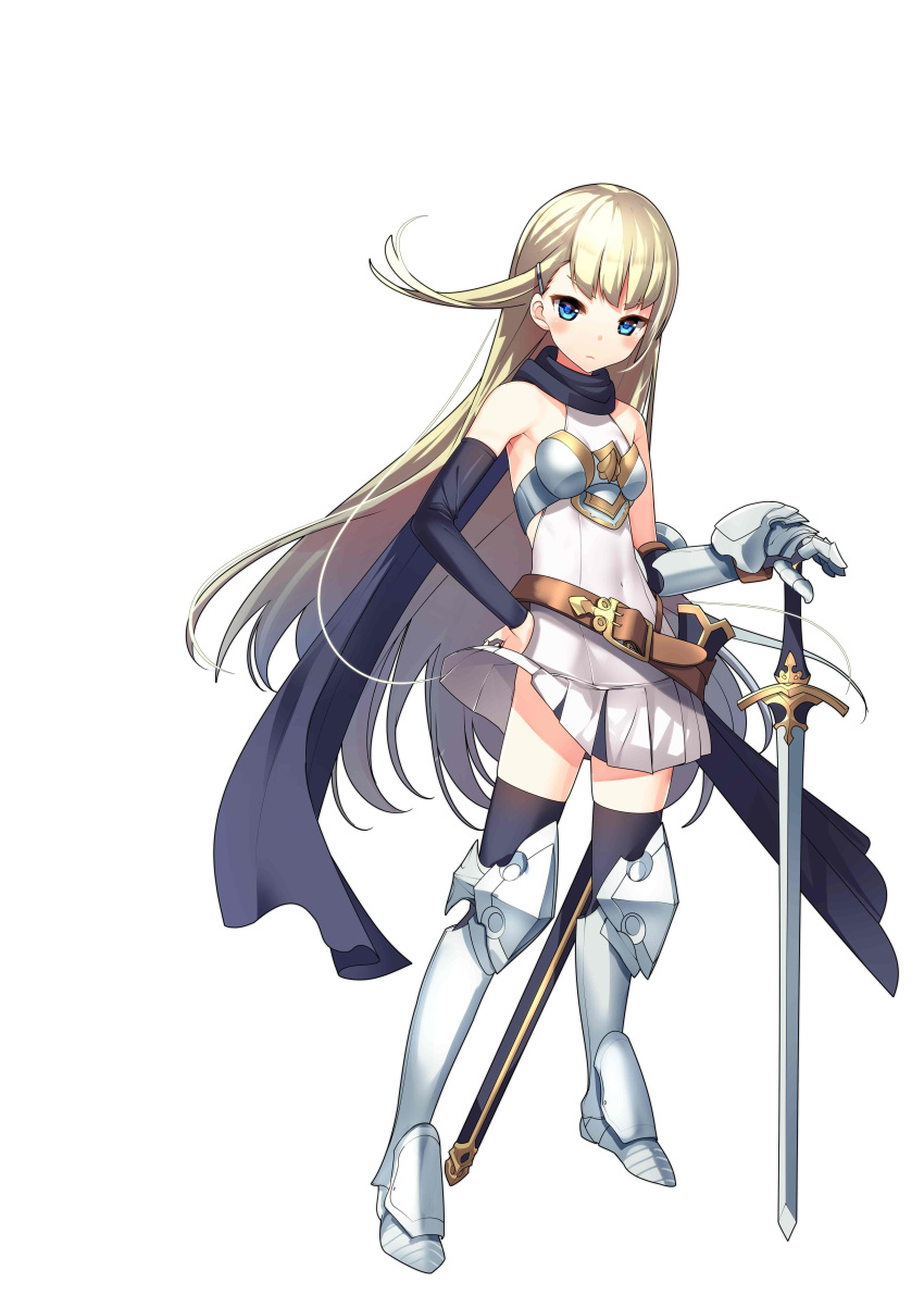 1girl absurdres armpits bare_shoulders black_legwear black_scarf blonde_hair blue_eyes blush breastplate breasts bridal_gauntlets closed_mouth covered_navel dress full_body gauntlets greaves hair_ornament hairclip hand_on_hilt hand_on_hip highres holding holding_sword holding_weapon knight long_hair looking_at_viewer maoujou_no_chef official_art planted_sword planted_weapon scarf short_dress simple_background single_gauntlet sleeveless sleeveless_dress small_breasts solo sword thigh-highs very_long_hair weapon white_background white_dress yamacchi