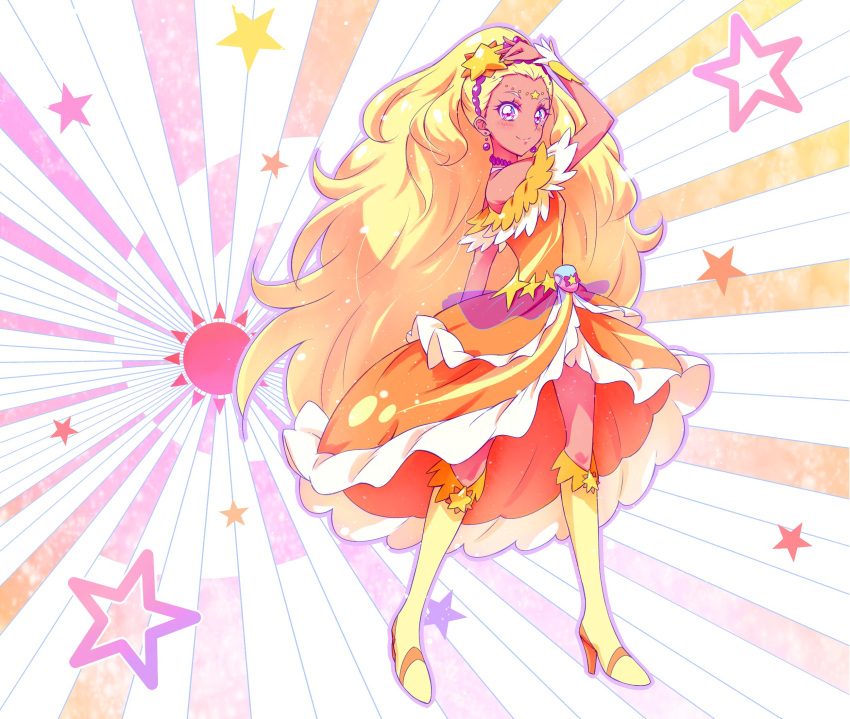 1girl amamiya_erena bare_shoulders blonde_hair blush boots choker commentary_request cure_soleil dark_skin dress full_body hair_ornament high_heel_boots high_heels highres knee_boots kyoutsuugengo long_hair looking_at_viewer magical_girl orange_dress pose precure purple_choker purple_earrings smile solo star star_hair_ornament star_twinkle_precure starry_background sun_(symbol) tiara very_long_hair violet_eyes wrist_cuffs yellow_footwear