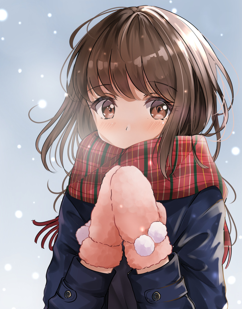 1girl absurdres bangs blue_jacket blush brown_eyes brown_hair commentary_request covered_mouth eyebrows_visible_through_hair fringe_trim hands_together hands_up highres jacket long_hair long_sleeves looking_at_viewer mittens original own_hands_together pink_mittens plaid plaid_scarf red_scarf scarf sin_(sin52y) snowing solo upper_body winter