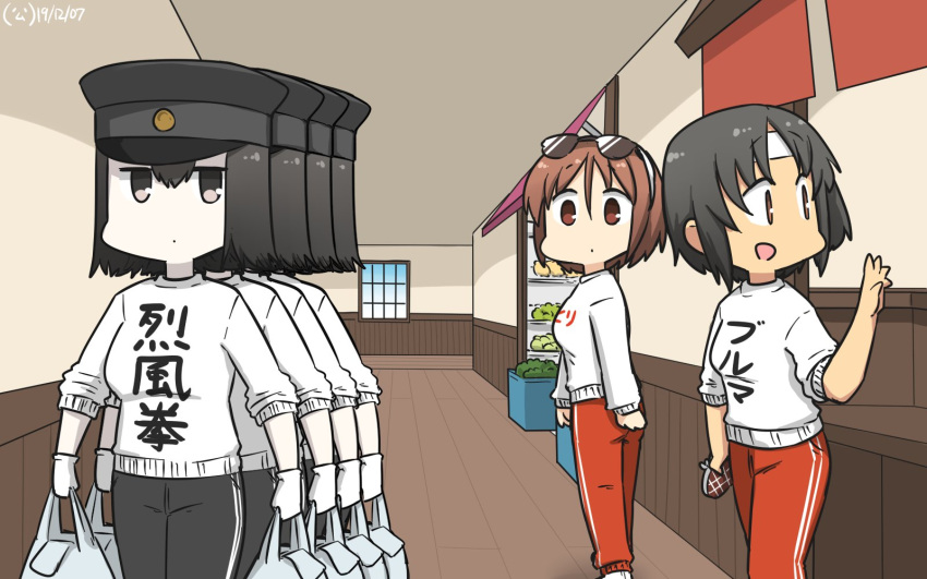 6+girls akitsu_maru_(kantai_collection) alternate_costume black_eyes black_hair black_headwear brown_eyes brown_hair clothes_writing commentary_request cowboy_shot dated eyewear_on_head feet_out_of_frame groceries hairband hallway hamu_koutarou hat headband highres indoors kantai_collection long_sleeves multiple_girls multiple_persona nagara_(kantai_collection) natori_(kantai_collection) noren one_side_up pale_skin pants peaked_cap red_pants shop short_hair sunglasses sweater track_pants white_hairband white_headband white_sweater window