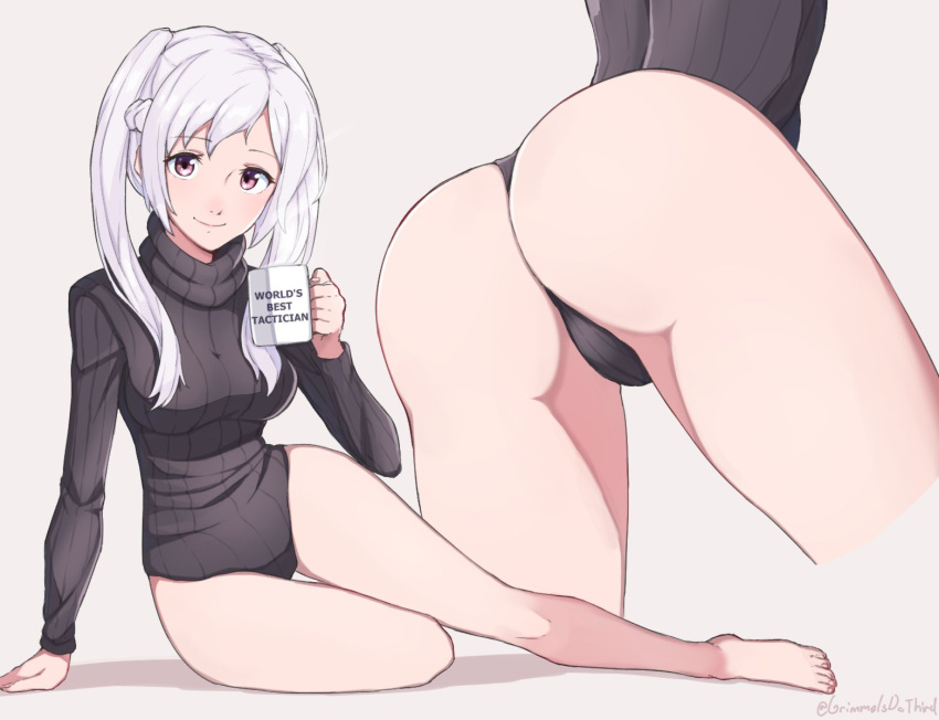 1girl alternate_costume ass brown_eyes closed_mouth cup fire_emblem fire_emblem_awakening grimmelsdathird highres holding holding_cup long_sleeves mug multiple_views robin_(fire_emblem) robin_(fire_emblem)_(female) sitting smile sweater twintails white_background white_hair