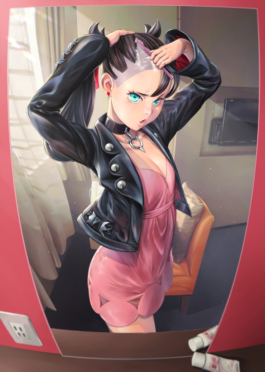 1girl aqua_eyes asymmetrical_bangs asymmetrical_hair bangs black_hair black_jacket blush breasts choker collarbone commentary_request dress earrings hair_ribbon highres indoors jacket jewelry kobu_ride long_sleeves looking_at_viewer mary_(pokemon) mirror open_clothes open_mouth pink_dress pokemon pokemon_(game) pokemon_swsh red_ribbon ribbon solo twintails